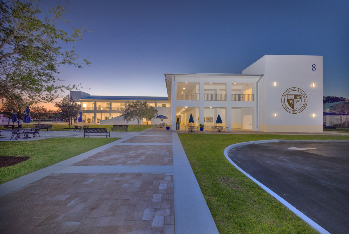 Architectural dusk view of Palmer Trinity student center in Miami, FL